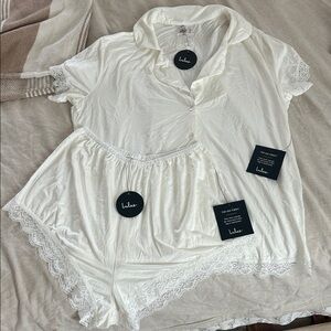 Lulus Snuggly Love Ivory Short Sleeve Lace Trim Pajama Set